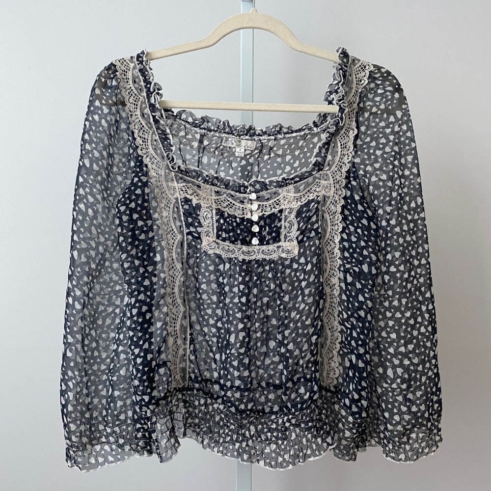 Do & Be Heart Print Lace Trim Babydoll Coquette Fairy Sheer Blouse S Navy